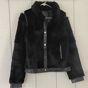 Rabbit Fur Jacket with Leather Trim | Black, M